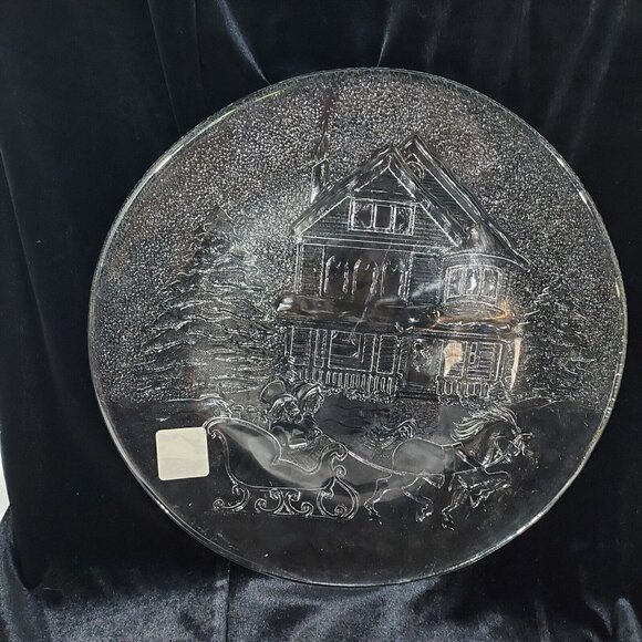Libby Winter Christmas Holiday Sleigh Ride Clear Glass Serving Platter Plate - Picture 2 of 10